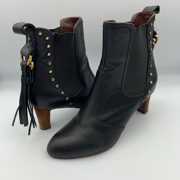 See by Chloé Dasha Studded Textured-Leather Ankle Boots Black Size 38 - Picture 3 of 12